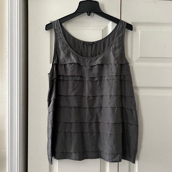 NWOT, Eileen Fisher, 100% Silk, Silver w/ Shimmer, Tiered Tank Top, Size Large - Picture 3 of 5